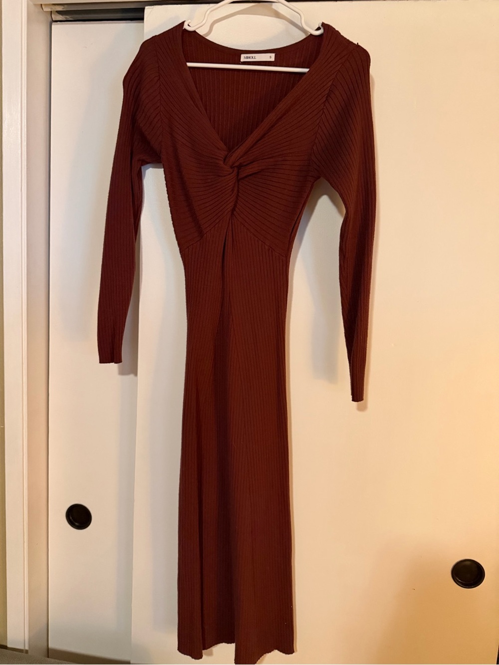 Aritzia Ribbed Twist-Front Midi Dress in Brown